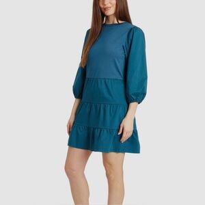 Taylor Tillman NWT Tiered Mini Dress Teal Blue Cotton Stretch Medium